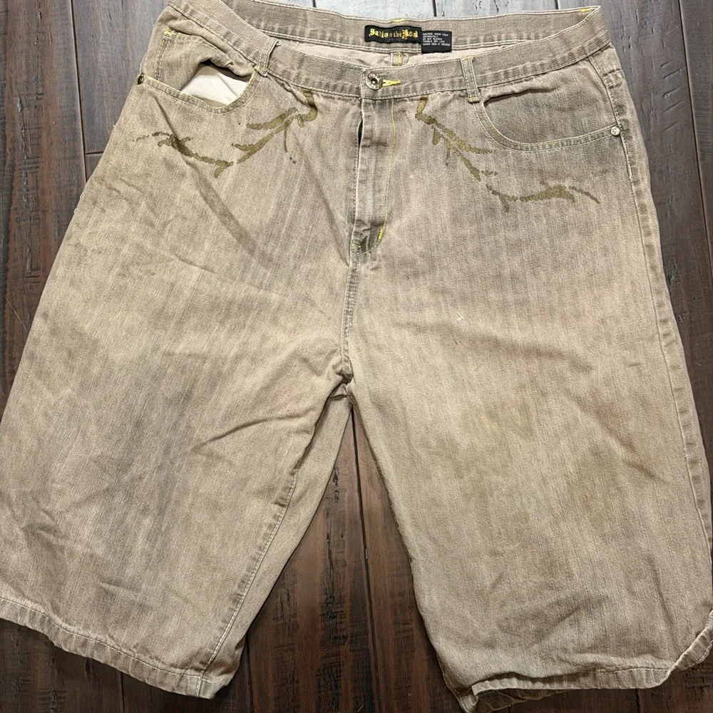 Men's Beige Jean Shorts with Embroidered Design